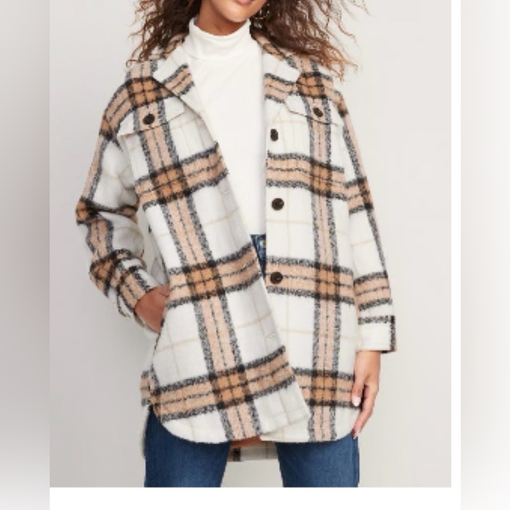 Old Navy Women's Plaid Utility Jacket - Cream and Tan